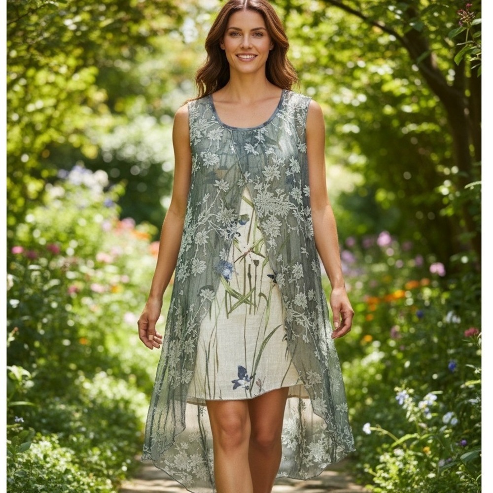 Fleur de Lis Floral Sheer High-Lo Layered Sleeveless Dress Sz L Sage Green #113W